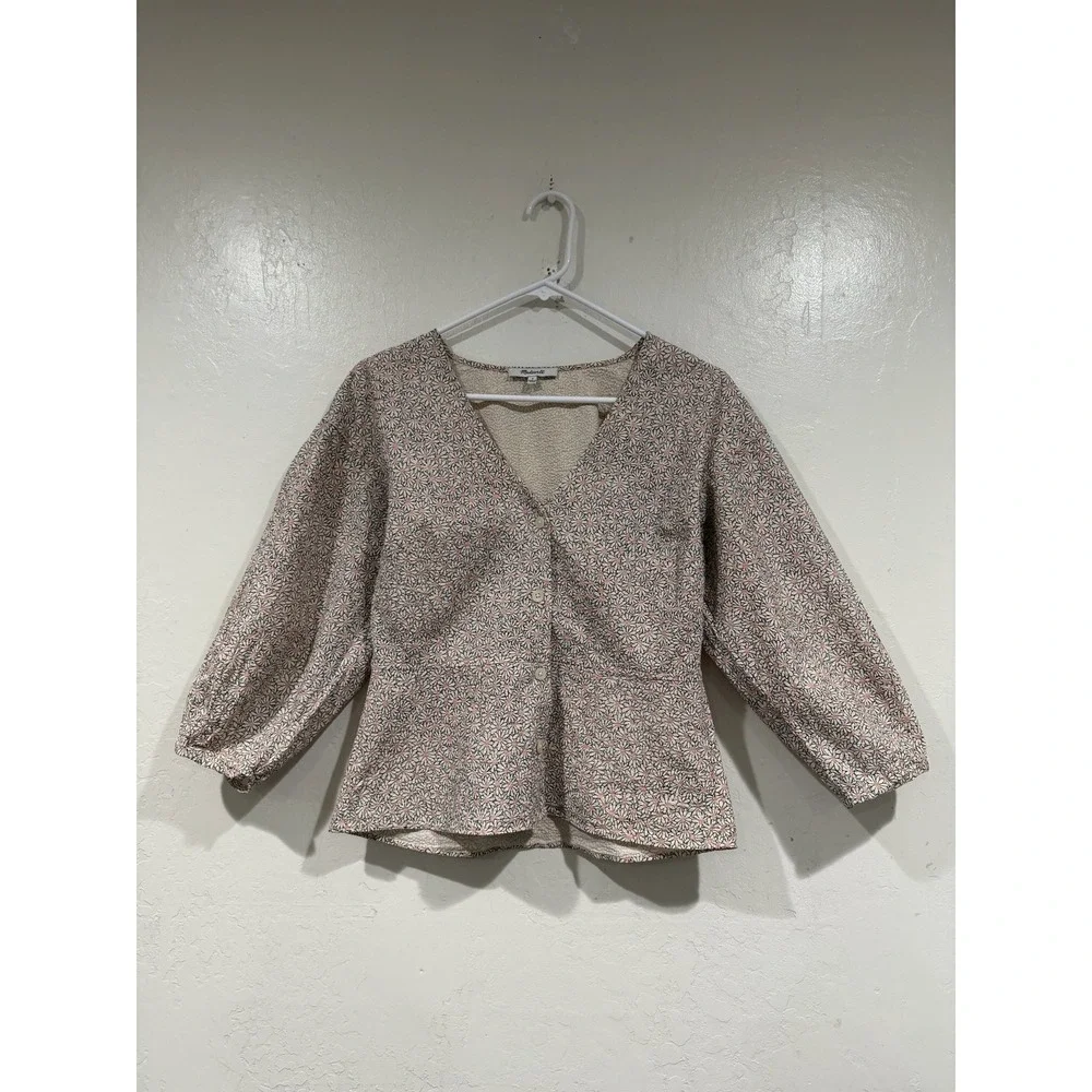 Madewell Floral Puff Sleeve Peplum Top V-Neck Button Front Pink Black Size 2